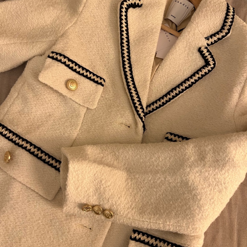 Cream Bouclé Blazer with Black Trim and Gold Buttons - Picture 2 of 5